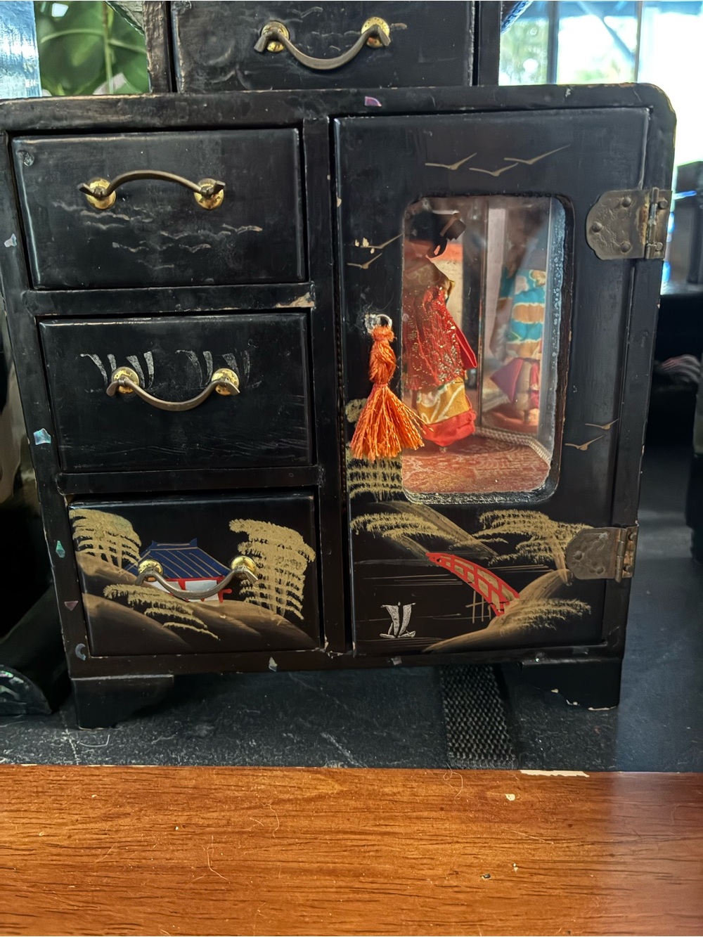 Black Hand-Painted Mini Jewelry Cabinet with Glass Door and Tassel